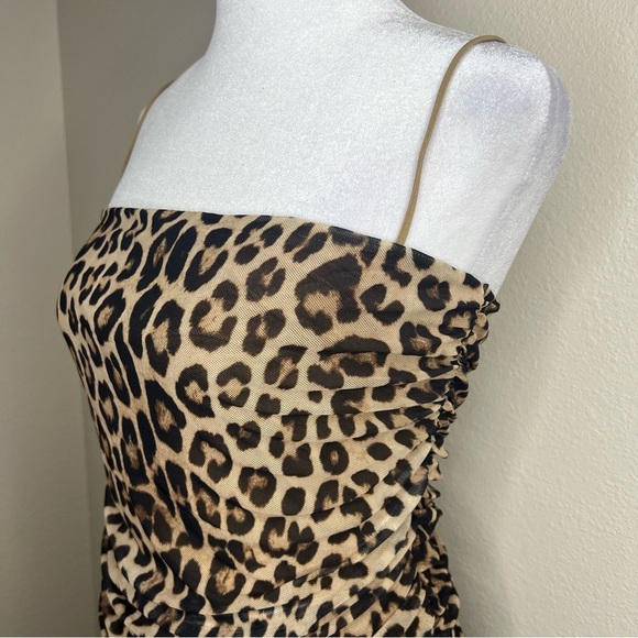 GOOD AMERICAN Tan & Black Leopard Sleeveless Ruched Mesh Midi Dress Sz L NWT - Picture 8 of 16